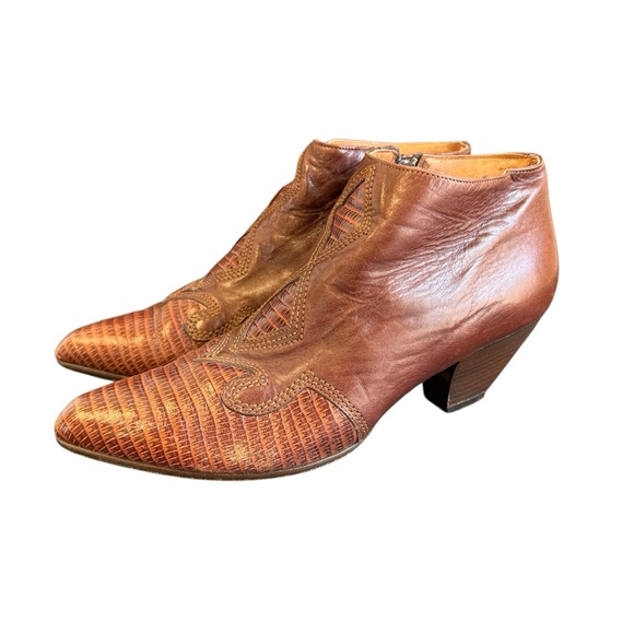 Vintage Paloma Western Booties Brown Leather Ankle Boots Reptile Print Womens 7 - Picture 1 of 12